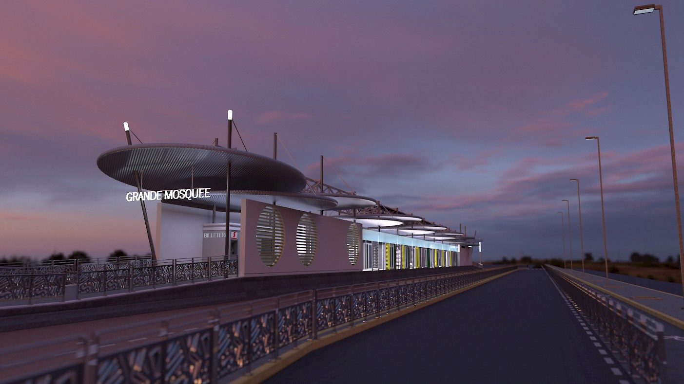 Station de Bus BHNS, vue basse, de nuit.